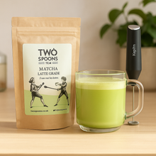 Load image into Gallery viewer, Two Spoons Tea Matcha Latte Grade sample pack with a Keplin milk frother, matcha whisk.
