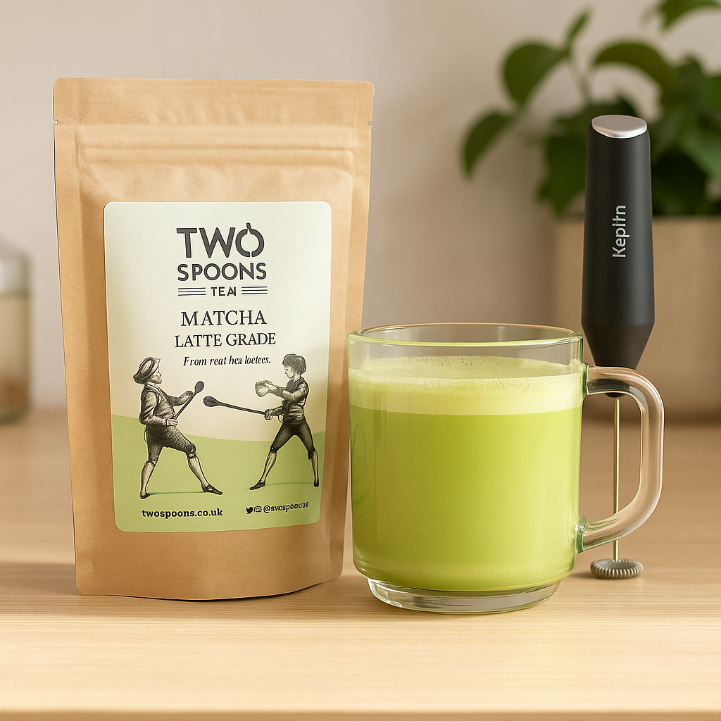 Two Spoons Tea Matcha Latte Grade sample pack with a Keplin milk frother, matcha whisk.
